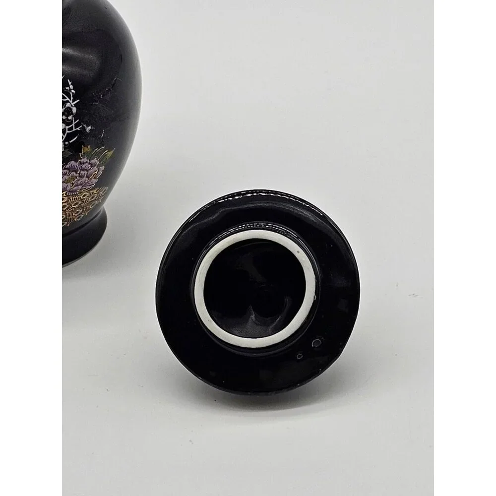 Asahi Japan Vase Black Floral Porcelain Peacock Ginger Jar Urn with Lid